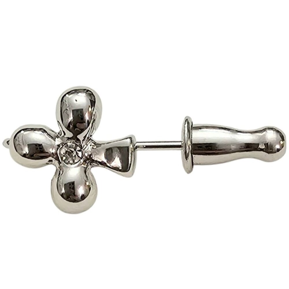 Monet Silver Tone Clear Rhinestone Clover Stick Lapel Pin, Signed